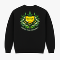 Moletom com estampa frontal de símbolo estilizado e estampa traseira de rosto sorridente rodeado por folhas verdes com texto "Elevate Your Frequency" abaixo.