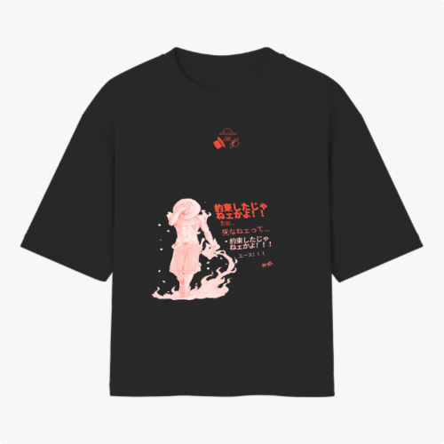 Camiseta com estampa frontal de personagem em posição dinâmica com texto em estilo japonês, e estampa traseira de quadrinhos com cenas e personagens em contraste.