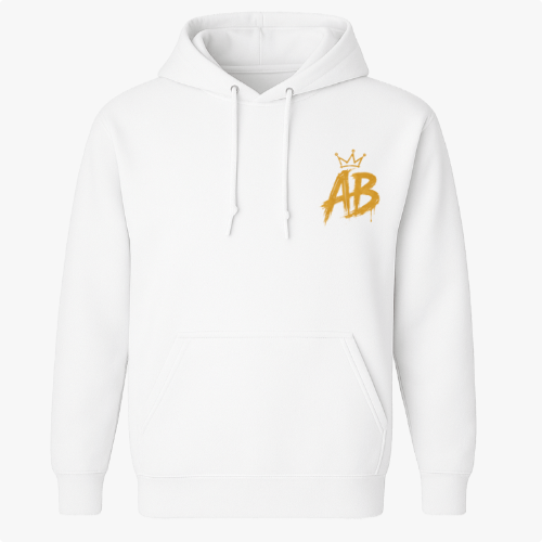 Moletom com estampa frontal de letras "AB" estilizadas com coroa e estampa traseira de personagem sorridente, vestido de preto, com cabelo trançado.