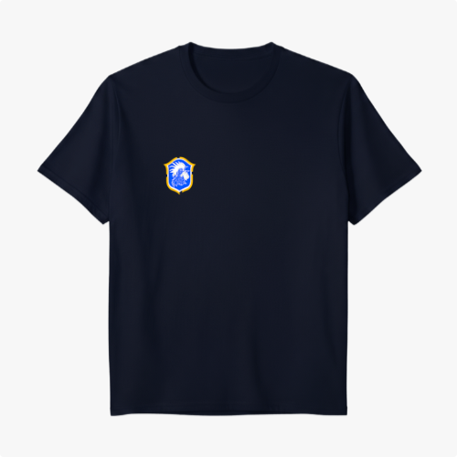 Camiseta com estampa frontal de brasão detalhado e estampa traseira de "Brasil de Axé" com números "777" estilizados sobre imagem difusa de elementos culturais.