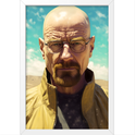 Quadro com estampa frontal de uma ilustração realista de um homem careca com óculos, expressão séria, usando jaqueta, contra céu azul com nuvens.