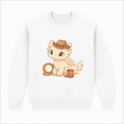 Moletom com estampa frontal de criatura fofa usando chapéu de cowboy ao lado de laço e botas de caubói.