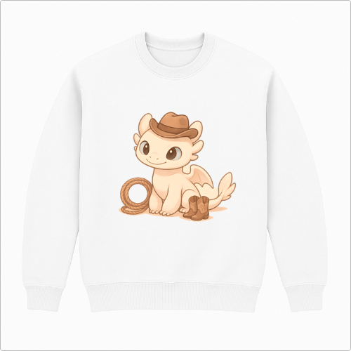 Moletom com estampa frontal de criatura fofa usando chapéu de cowboy ao lado de laço e botas de caubói.
