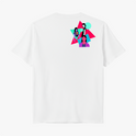 Camiseta com estampa frontal de figuras geométricas sobrepostas com silhuetas humanas e estampa traseira similar com posicionamento centralizado.