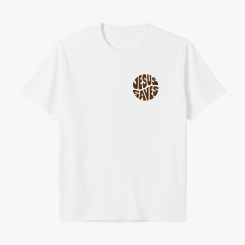 Camiseta com estampa frontal de um círculo contendo as palavras "Jesus Saves" e estampa traseira maior do mesmo círculo com a mesma mensagem.