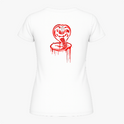 Camiseta com estampa frontal de texto estilizado "No Mercy Club" e estampa traseira de cobra enroscada em posição de ataque com detalhes gotejantes.