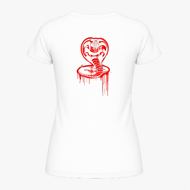 Camiseta com estampa frontal de texto estilizado "No Mercy Club" e estampa traseira de cobra enroscada em posição de ataque com detalhes gotejantes.