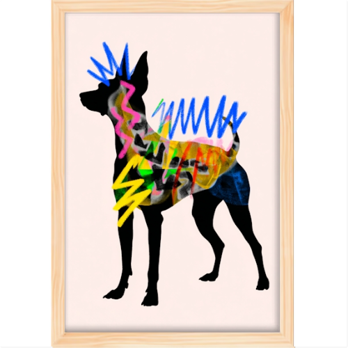 Quadro com estampa de silhueta de cachorro preenchida com padrões ondulados em cores vibrantes, incluindo azuis, amarelos, rosas e verdes.