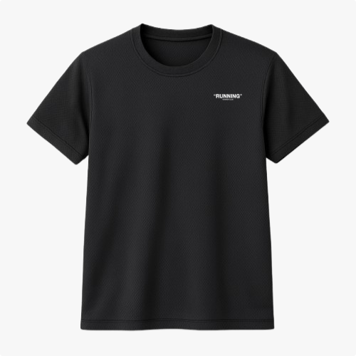 Camiseta com estampa frontal de "RUNNING" e estampa traseira de "RUNNING" com texto complementar "aesthetic sports" seguido de "ROWKER CLUB".