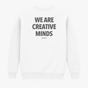 Moletom com estampa frontal de "WE ARE CREATIVE MINDS" em letras maiúsculas pequenas e estampa traseira maior com o mesmo texto, incluindo "just ship it".