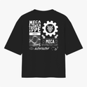 Camiseta com estampa frontal de um logotipo e texto "Instituto Federal Pernambuco Campus Caruaru" e estampa traseira com engrenagem, texto "Mecatrônica IFPE 2023.1", ondas e padrões gráficos variados.