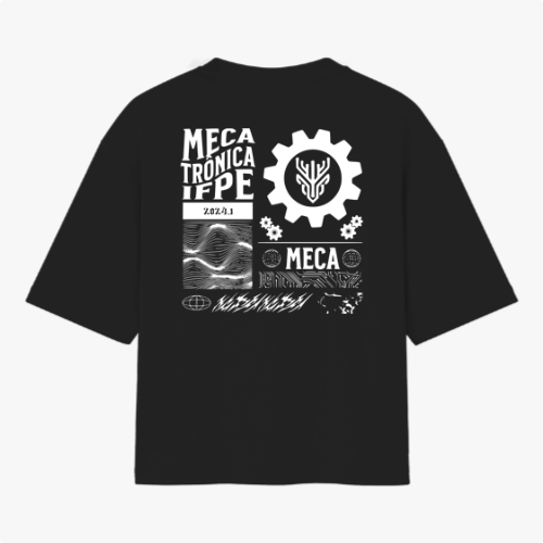 Camiseta com estampa frontal de um logotipo e texto "Instituto Federal Pernambuco Campus Caruaru" e estampa traseira com engrenagem, texto "Mecatrônica IFPE 2023.1", ondas e padrões gráficos variados.