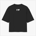 Camiseta com estampa frontal de "TIFF" estilizado e estampa traseira de "TEAM FF" em letras maiúsculas.