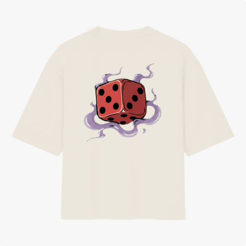 Camiseta com estampa frontal de desenho estilizado minimalista e estampa traseira de dado vermelho flutuante cercado por fumaça sinuosa.