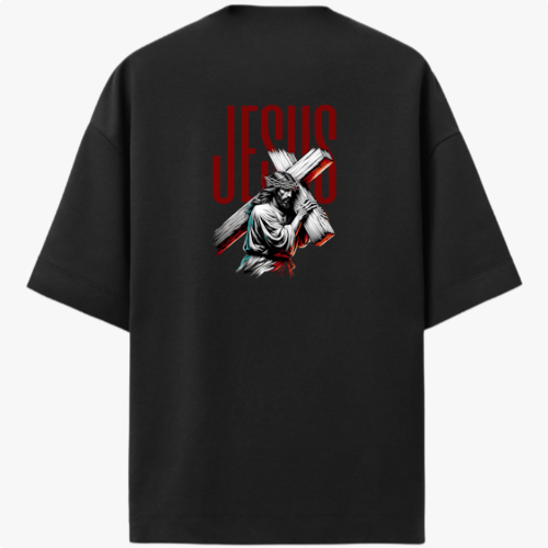 Camiseta com estampa frontal de uma estrutura arqueológica e estampa traseira de figura religiosa carregando uma cruz com a palavra "JESUS" em destaque.