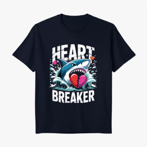 Camiseta com estampa frontal de tubarão sorridente segurando coração partido, rodeado por ondas e três corações menores, texto "Heart Breaker" ao redor.