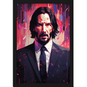 Quadro com estampa de homem em traje formal, cercado por uma composição abstrata de linhas verticais e formas geométricas coloridas em estilo pop art.