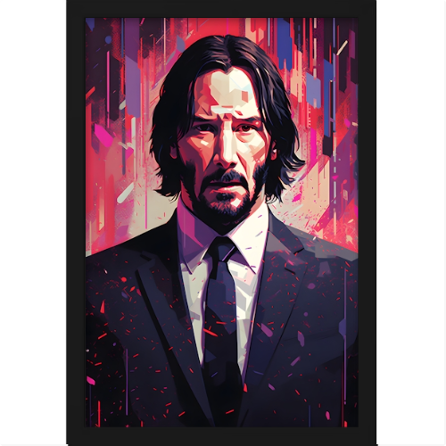 Quadro com estampa de homem em traje formal, cercado por uma composição abstrata de linhas verticais e formas geométricas coloridas em estilo pop art.