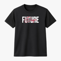 Camiseta com estampa frontal de "FUTURE" em letras grandes e "Design" sobreposto em estilo cursivo com um pequeno detalhe gráfico ao lado.