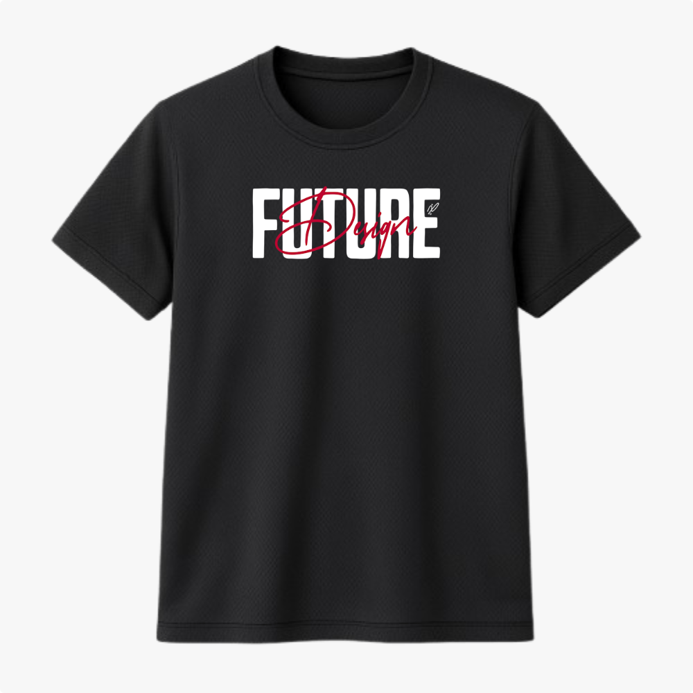 Camiseta com estampa frontal de "FUTURE" em letras grandes e "Design" sobreposto em estilo cursivo com um pequeno detalhe gráfico ao lado.