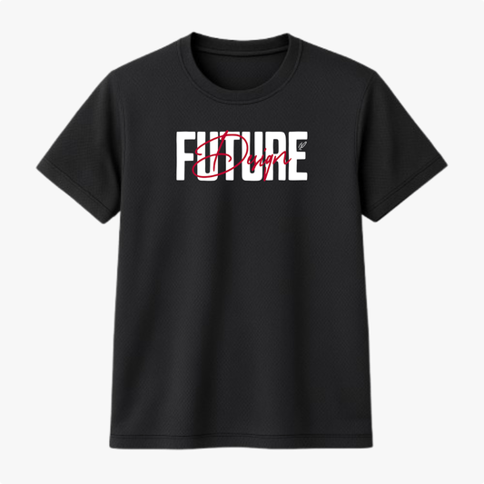 Camiseta com estampa frontal de "FUTURE" em letras grandes e "Design" sobreposto em estilo cursivo com um pequeno detalhe gráfico ao lado.