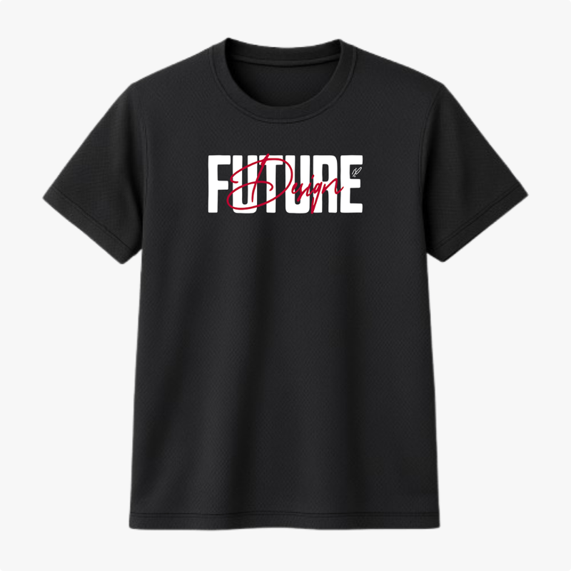 Camiseta com estampa frontal de "FUTURE" em letras grandes e "Design" sobreposto em estilo cursivo com um pequeno detalhe gráfico ao lado.