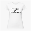 Camiseta com estampa frontal de texto "Protejam os transmascs", com um símbolo gráfico central entre as palavras.