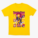 Camiseta com estampa frontal de personagens de anime em poses dinâmicas, cercados por quadrados com retratos menores e textos estilizados japoneses.
