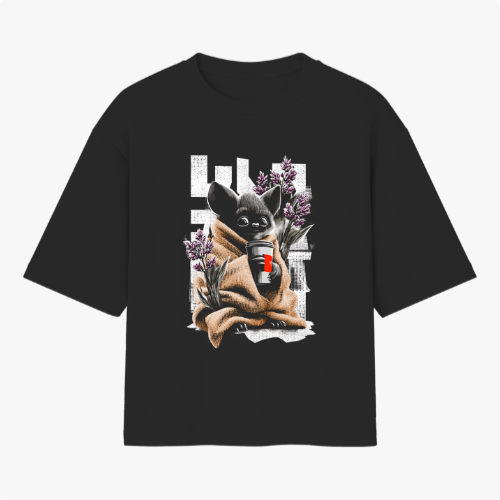 Camiseta com estampa frontal de um pequeno animal estilizado segurando uma bebida, rodeado por plantas floridas e com um fundo geométrico abstrato.