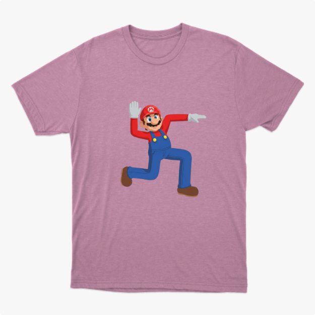 Camiseta com estampa frontal de um personagem icônico de macacão levantando uma mão aberta e apontando na outra direção, em posição alegre e animada.