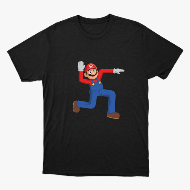Camiseta com estampa frontal de um personagem icônico de macacão levantando uma mão aberta e apontando na outra direção, em posição alegre e animada.