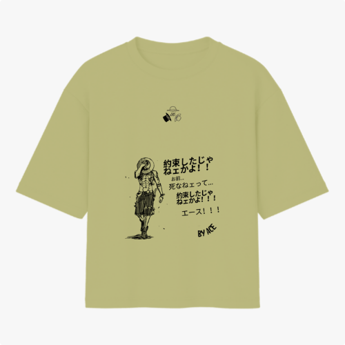 Camiseta com estampa frontal de personagem em pose reflexiva e texto japonês, e estampa traseira de quadrinhos com cenas de personagens e falas.