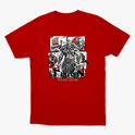 Camiseta com estampa frontal de guerreiro musculoso em quadrantes, com navio, homem barbudo, escudo e machado ao fundo, com texto inferior "Thron Bodybuilder".