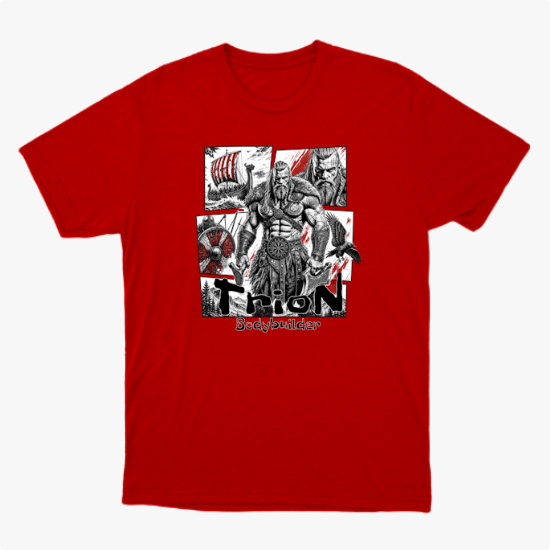 Camiseta com estampa frontal de guerreiro musculoso em quadrantes, com navio, homem barbudo, escudo e machado ao fundo, com texto inferior "Thron Bodybuilder".