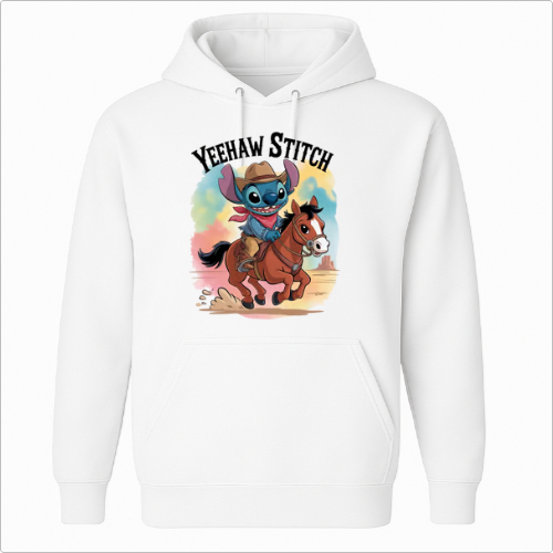 Moletom com estampa frontal de personagem alienígena vestido de cowboy montando em um cavalo, sob a palavra "YEEHAW" estilizada.