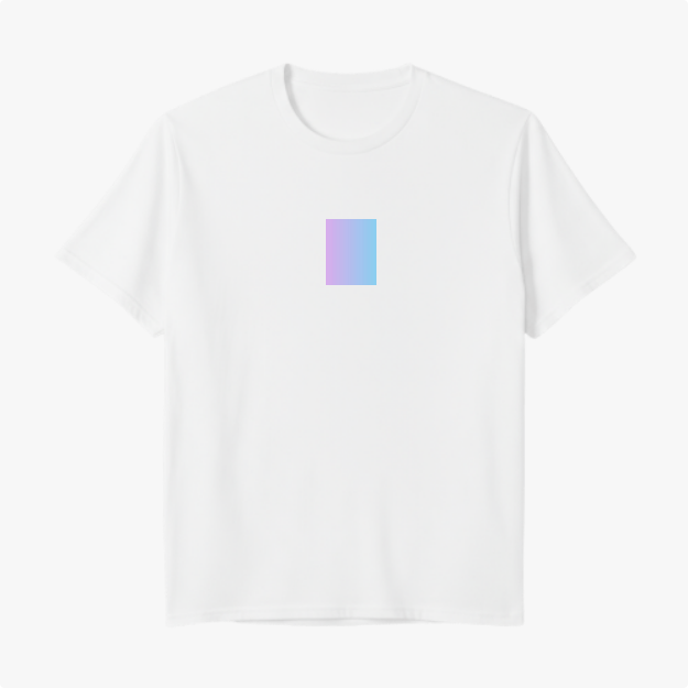 Camiseta com estampa frontal de retângulo gradiente e estampa traseira de lâmpada rodeada por explosão de cores vibrantes em fundo gradiente.