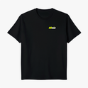 Camiseta com estampa frontal de texto estilizado "10nis" e estampa traseira de ilustração de duas pessoas jogando tênis com fala "Sque!" em quadrinho.