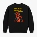 Moletom com estampa frontal de silhueta com texto "Quem decidiu isso?" e estampa traseira de guerreiro com capacete sob texto "Quem decide aqui, sou eu!".