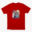 Camiseta com estampa frontal de dois personagens estilo anime, um rapaz e uma moça, acompanhados de instrumentos musicais e elementos urbanos ao fundo.