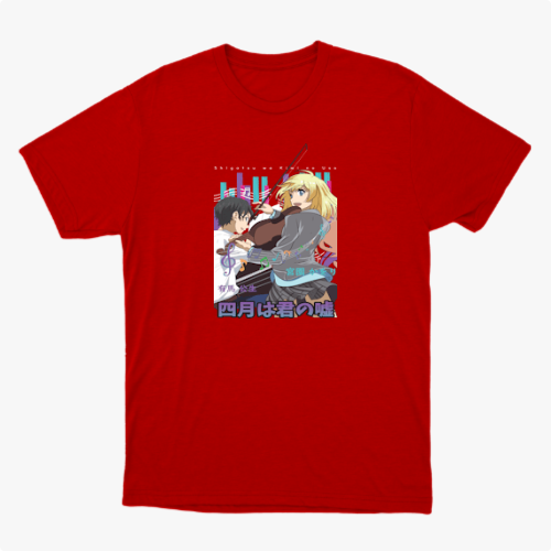 Camiseta com estampa frontal de dois personagens estilo anime, um rapaz e uma moça, acompanhados de instrumentos musicais e elementos urbanos ao fundo.