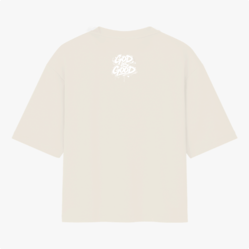 Camiseta com estampa frontal de "Only Jesus Save" acompanhada de "The Life's Good 2026" entre estrelas e símbolos, e estampa traseira de "God is Good".