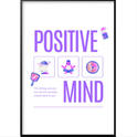 Quadro com estampa frontal de ícones inspiradores, incluindo uma mulher meditando, uma cabeça de flor, um globo rosa e frasco, destacando "POSITIVE MIND".