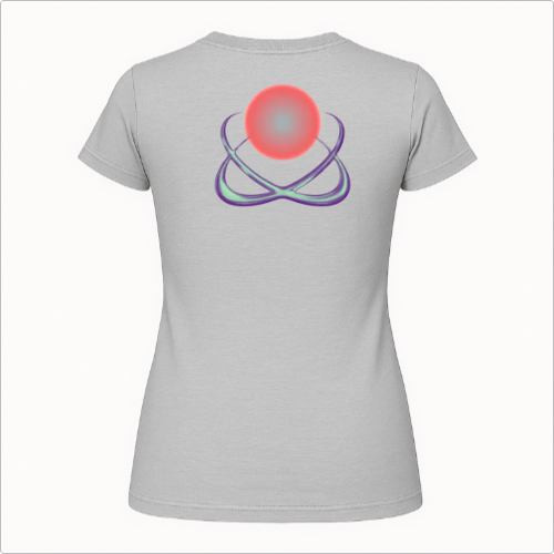 Camiseta com estampa frontal de logo estilizado com elemento circular e detalhes pontiagudos e estampa traseira de esfera central e orbitais entrelaçados.