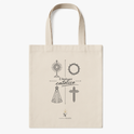 Ecobag com estampa frontal de ícones religiosos, incluindo hóstia, coroa de espinhos, imagem de Nossa Senhora, crucifixo, e a frase "É lindo ser católico".
