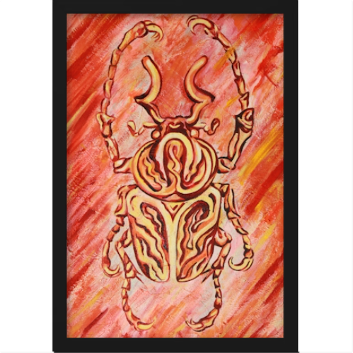 Quadro com estampa de um besouro estilizado em traços contornados, detalhando formas orgânicas e simétricas, sobre um fundo dinâmico de pinceladas diagonais.