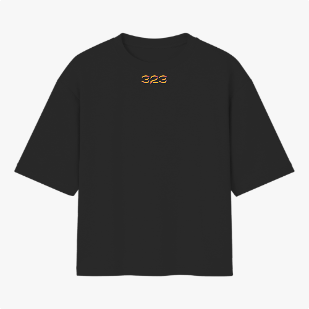 Camiseta com estampa frontal de números estilizados "323" e estampa traseira de design abstrato com esfera central rodeada por textos verticais e curvas coloridas.