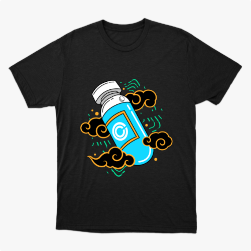 Camiseta com estampa frontal de frasco estilizado com logotipo centralizado, envolto por padrões de nuvens arrojadas e elementos geométricos vibrantes.