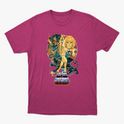 Camiseta com estampa frontal de personagem central empunhando espada, com tigre e figuras heroicas ao fundo, acompanhadas de um logotipo estilizado.