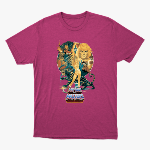 Camiseta com estampa frontal de personagem central empunhando espada, com tigre e figuras heroicas ao fundo, acompanhadas de um logotipo estilizado.