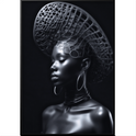 Quadro com estampa de mulher em perfil, usando chapéu intricado com padrão geométrico, grandes argolas nas orelhas e uma textura metálica marcante.